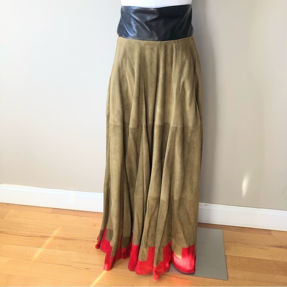Vintage 80's Camel Red Black Genuine Leather Extra Long Maxi Skirt 2